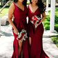 Sleeveless V Neck Court Train Sheath/Column Elastic Satin Bridesmaid Dresseses With Split Novia DLP0025567