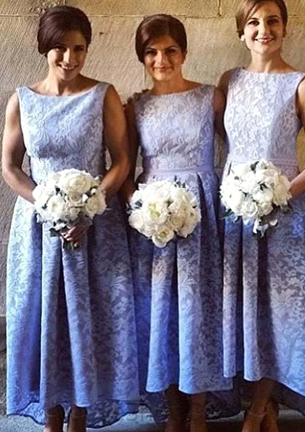 Bateau Sleeveless Asymmetrical A-line/Princess Lace Bridesmaid Dresseses With Pleated Anna DLP0025576