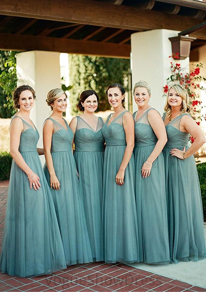 Sleeveless V Neck Tulle Long/Floor-Length A-line/Princess Bridesmaid Dresseses With Pleated Allison DLP0025578