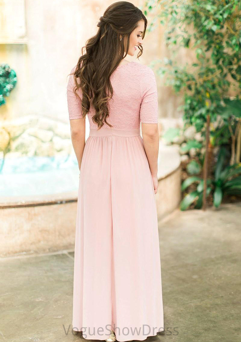 Scoop Neck Short Sleeve Ankle-Length A-line/Princess Chiffon Bridesmaid Dresses With Lace Pleated Stella DLP0025580