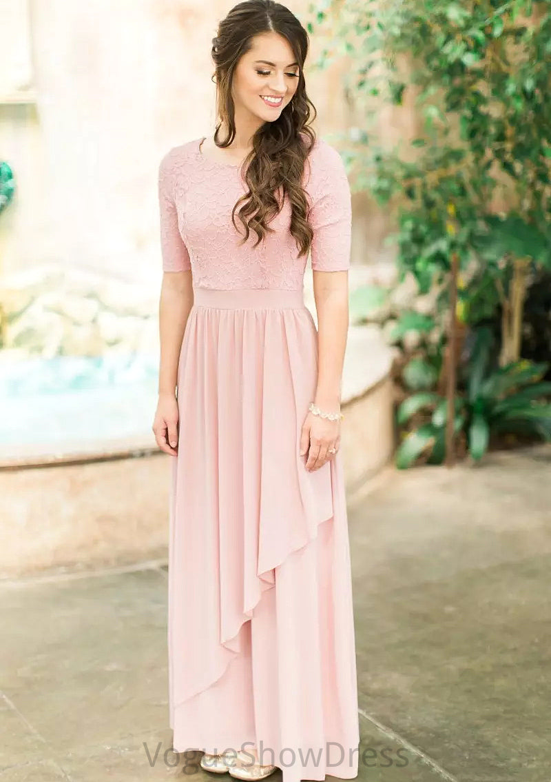 Scoop Neck Short Sleeve Ankle-Length A-line/Princess Chiffon Bridesmaid Dresses With Lace Pleated Stella DLP0025580