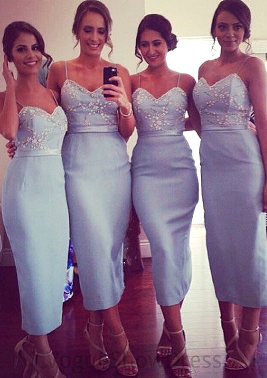 Sleeveless V Neck Tea-Length Sheath/Column Elastic Satin Bridesmaid Dresseses With Appliqued Kennedi DLP0025581