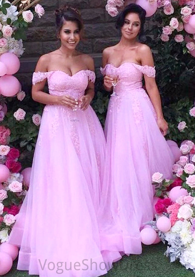 Sleeveless Off-the-Shoulder Long/Floor-Length Tulle A-line/Princess Bridesmaid Dresseses With Lace Theresa DLP0025589