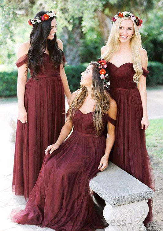 Sleeveless Off-the-Shoulder Long/Floor-Length Tulle A-line/Princess Bridesmaid Dresseses With Pleated Lacey DLP0025591