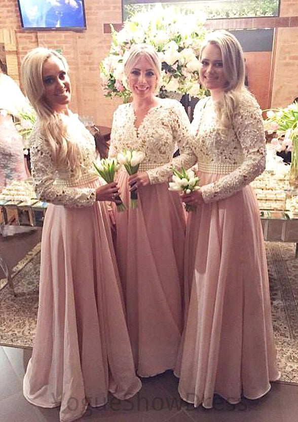 Full/Long Sleeve Scalloped Neck A-line/Princess Chiffon Long/Floor-Length Bridesmaid Dresseses With Beading Lace Paola DLP0025602