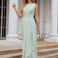 A-line Bateau Sleeveless Chiffon Long/Floor-Length Bridesmaid Dresses Ruffles Pleated Emery DLP0025608