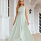 A-line Bateau Sleeveless Chiffon Long/Floor-Length Bridesmaid Dresses Ruffles Pleated Emery DLP0025608