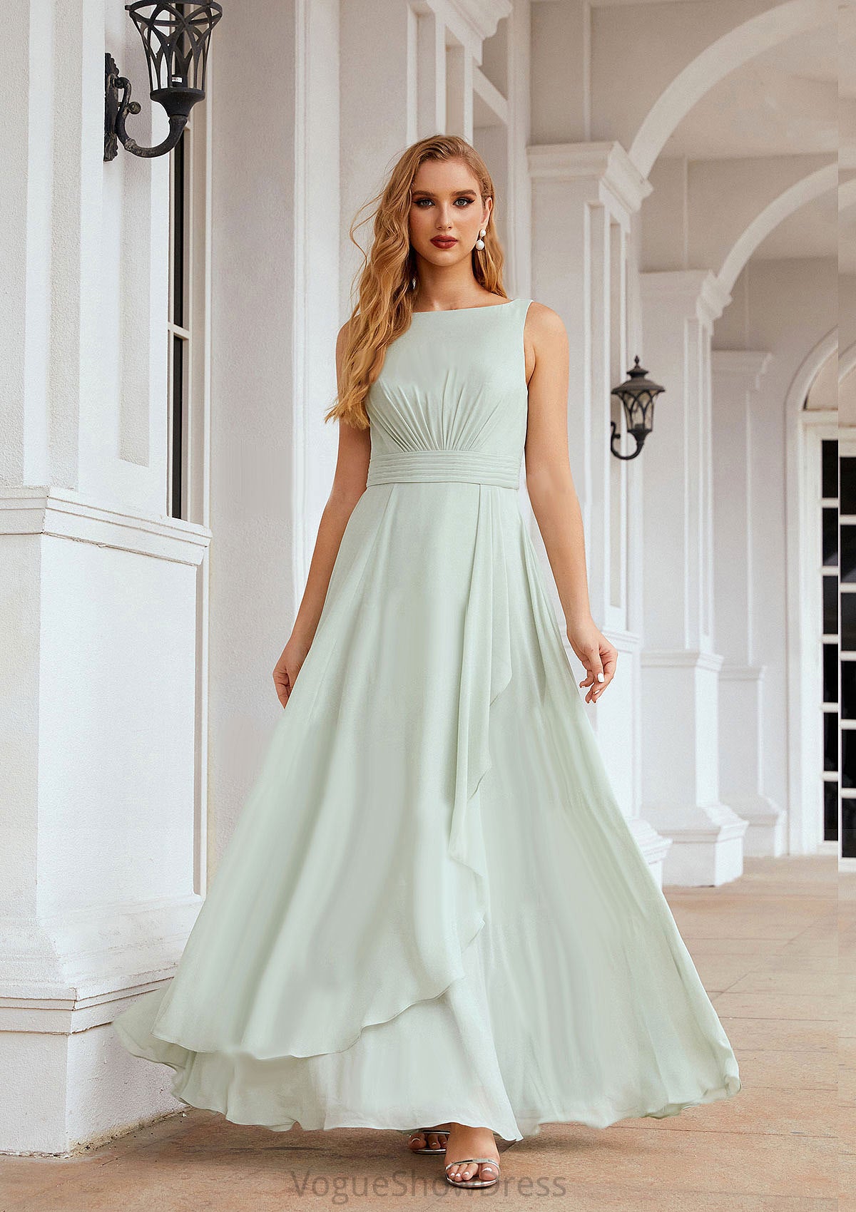 A-line Bateau Sleeveless Chiffon Long/Floor-Length Bridesmaid Dresses Ruffles Pleated Emery DLP0025608