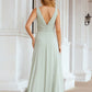 A-line Bateau Sleeveless Chiffon Long/Floor-Length Bridesmaid Dresses Ruffles Pleated Emery DLP0025608