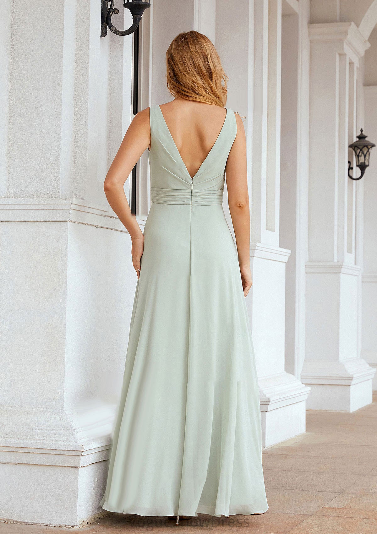 A-line Bateau Sleeveless Chiffon Long/Floor-Length Bridesmaid Dresses Ruffles Pleated Emery DLP0025608