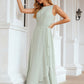 A-line Bateau Sleeveless Chiffon Long/Floor-Length Bridesmaid Dresses Ruffles Pleated Emery DLP0025608