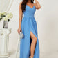 A-line V Neck Sleeveless Chiffon Long/Floor-Length Bridesmaid Dresses With Pleated Split Gina DLP0025609