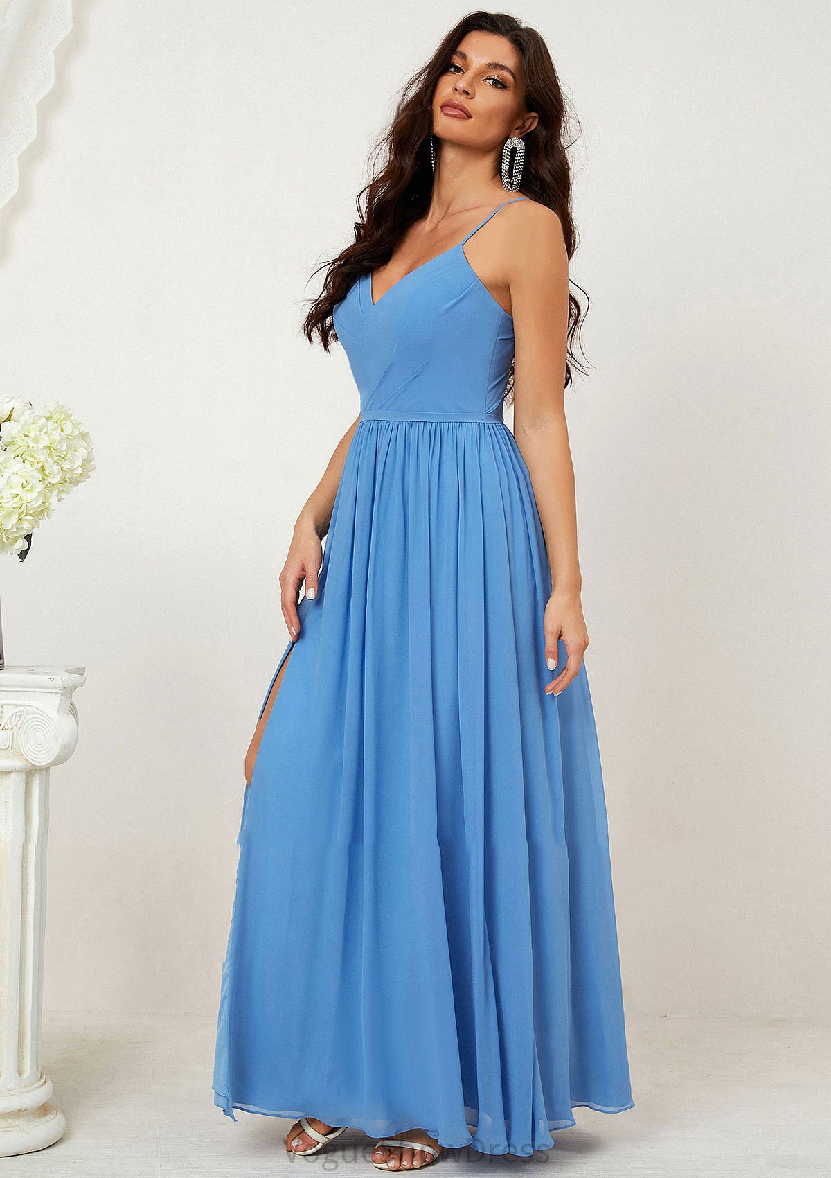 A-line V Neck Sleeveless Chiffon Long/Floor-Length Bridesmaid Dresses With Pleated Split Gina DLP0025609