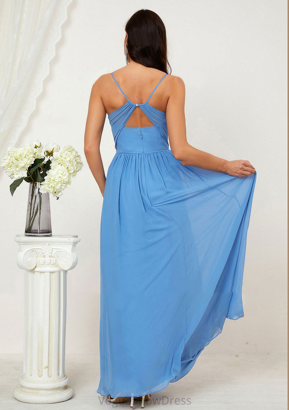 A-line V Neck Sleeveless Chiffon Long/Floor-Length Bridesmaid Dresses With Pleated Split Gina DLP0025609