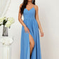 A-line V Neck Sleeveless Chiffon Long/Floor-Length Bridesmaid Dresses With Pleated Split Gina DLP0025609