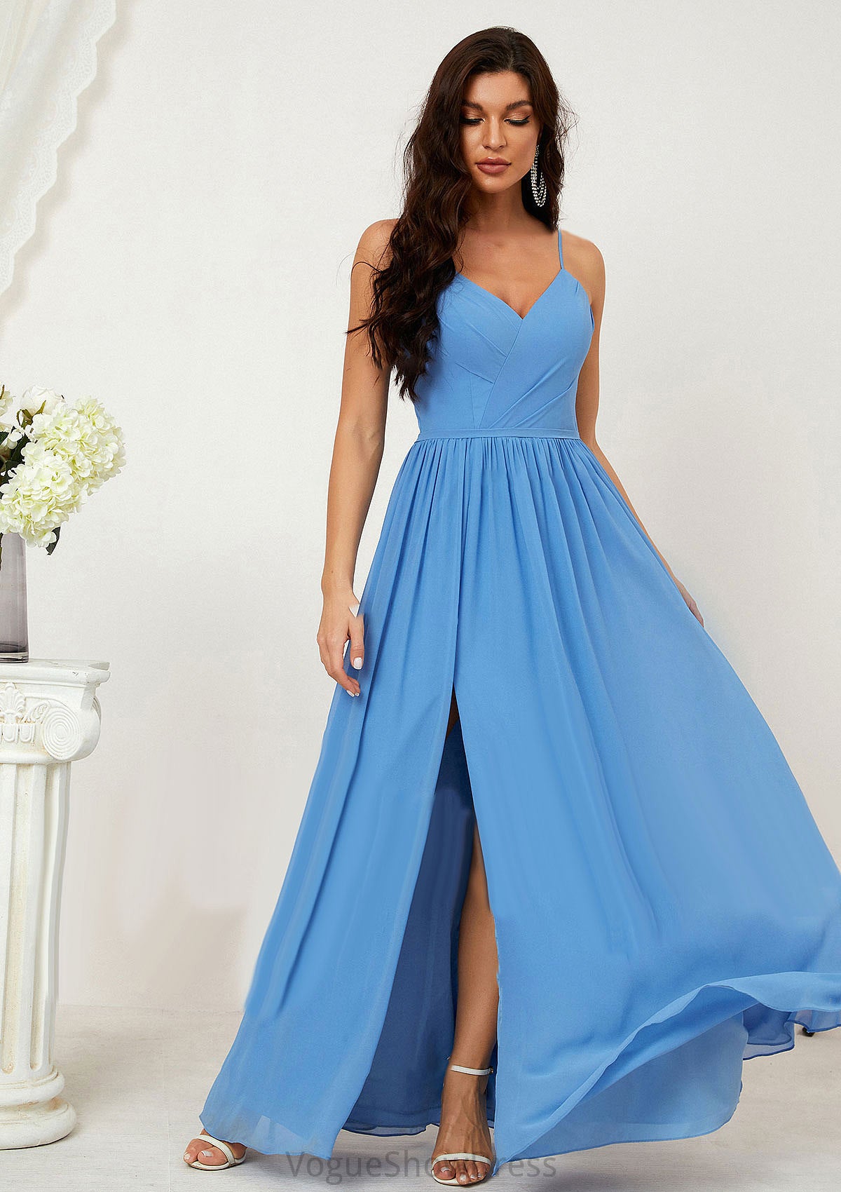 A-line V Neck Sleeveless Chiffon Long/Floor-Length Bridesmaid Dresses With Pleated Split Gina DLP0025609