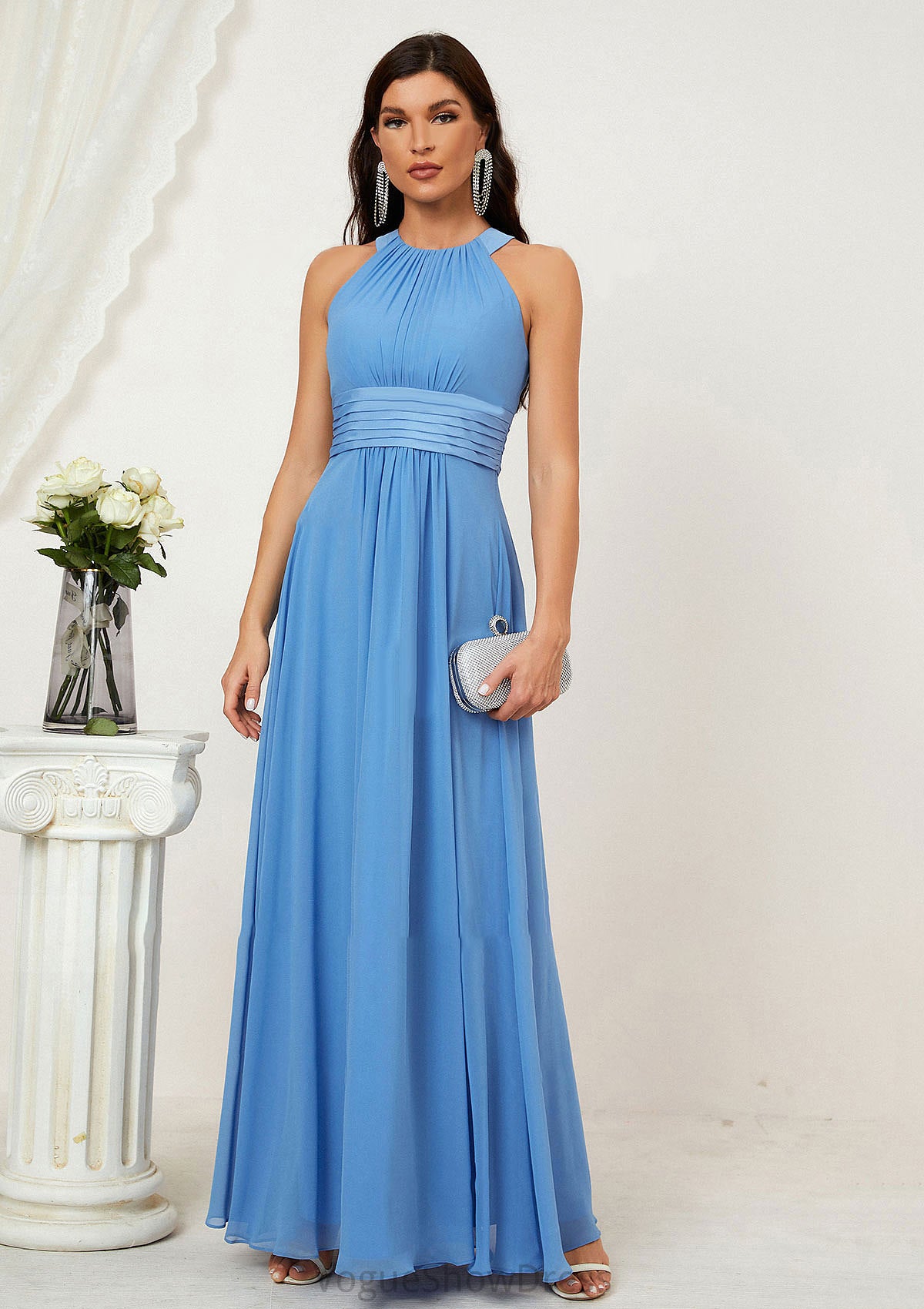 A-line Halter Sleeveless Chiffon Long/Floor-Length Bridesmaid Dresses With Pleated Victoria DLP0025610