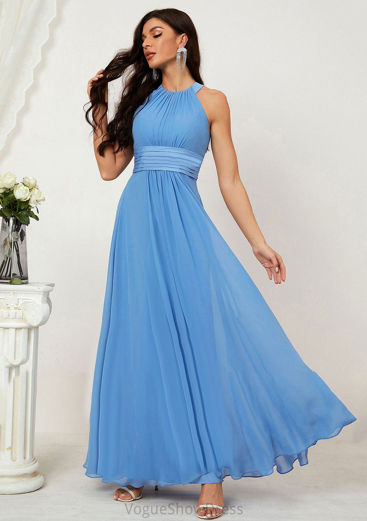 A-line Halter Sleeveless Chiffon Long/Floor-Length Bridesmaid Dresses With Pleated Victoria DLP0025610