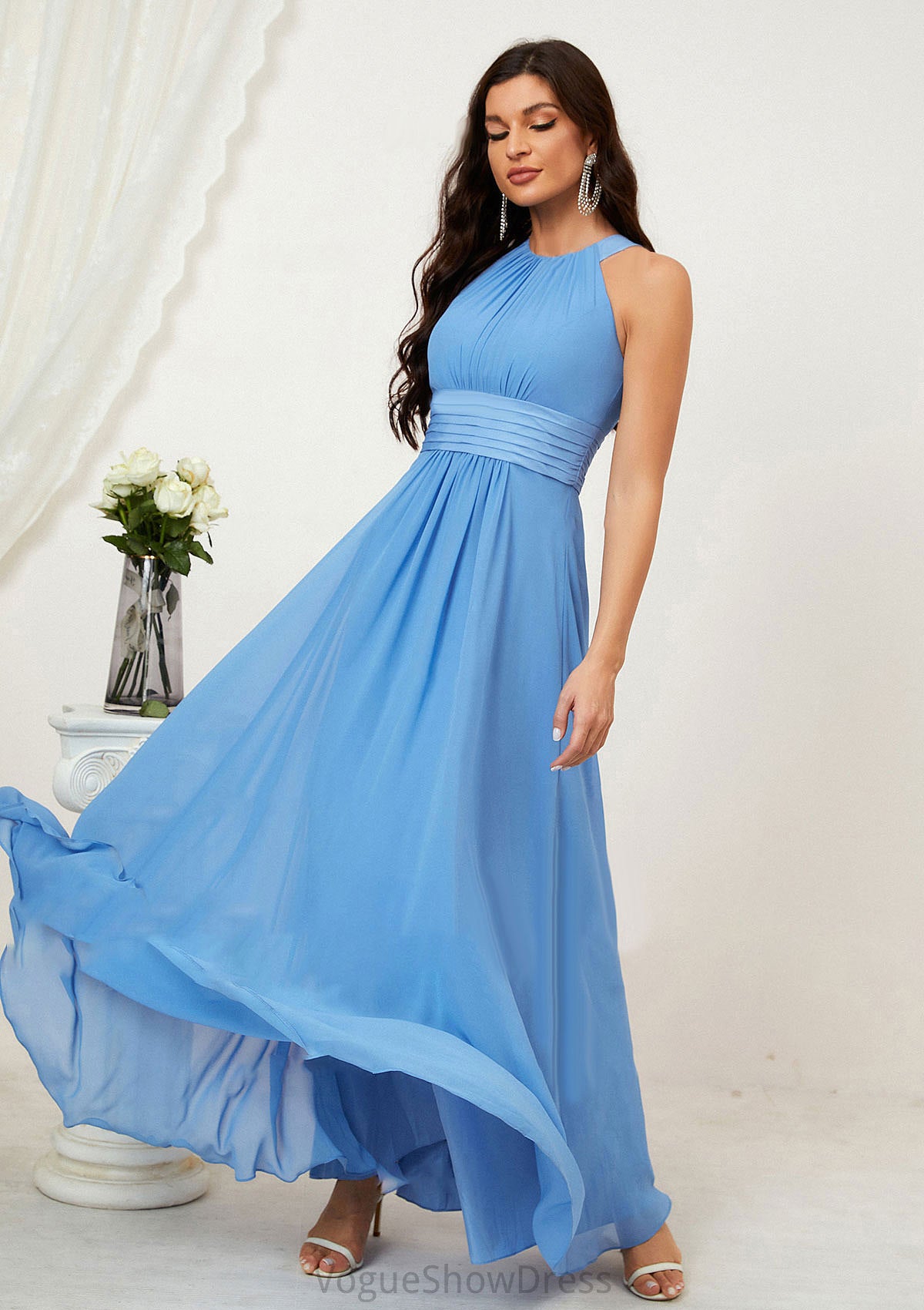 A-line Halter Sleeveless Chiffon Long/Floor-Length Bridesmaid Dresses With Pleated Victoria DLP0025610