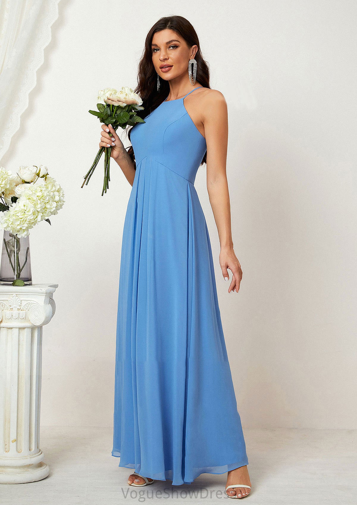 A-line Empire Halter Sleeveless Chiffon Long/Floor-Length Bridesmaid Dresses With Ruffles Mayra DLP0025611