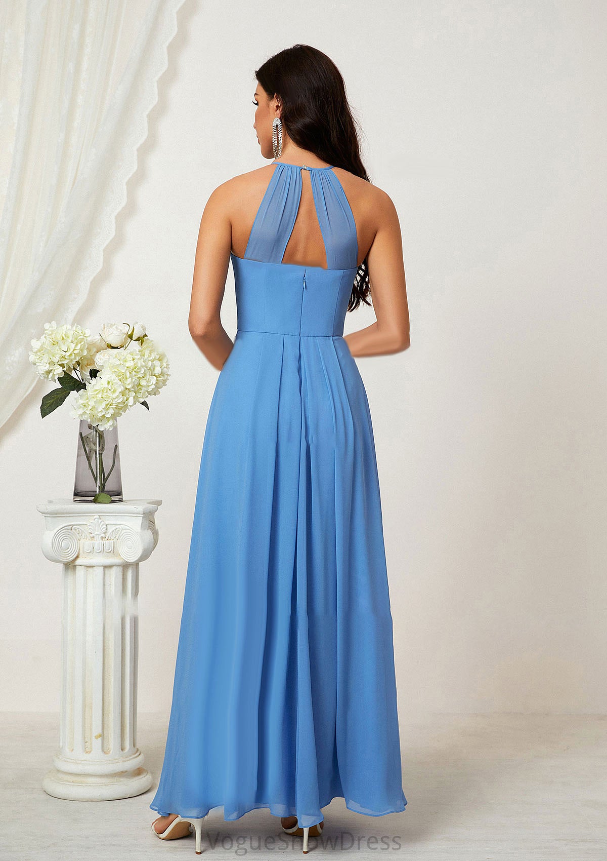 A-line Empire Halter Sleeveless Chiffon Long/Floor-Length Bridesmaid Dresses With Ruffles Mayra DLP0025611