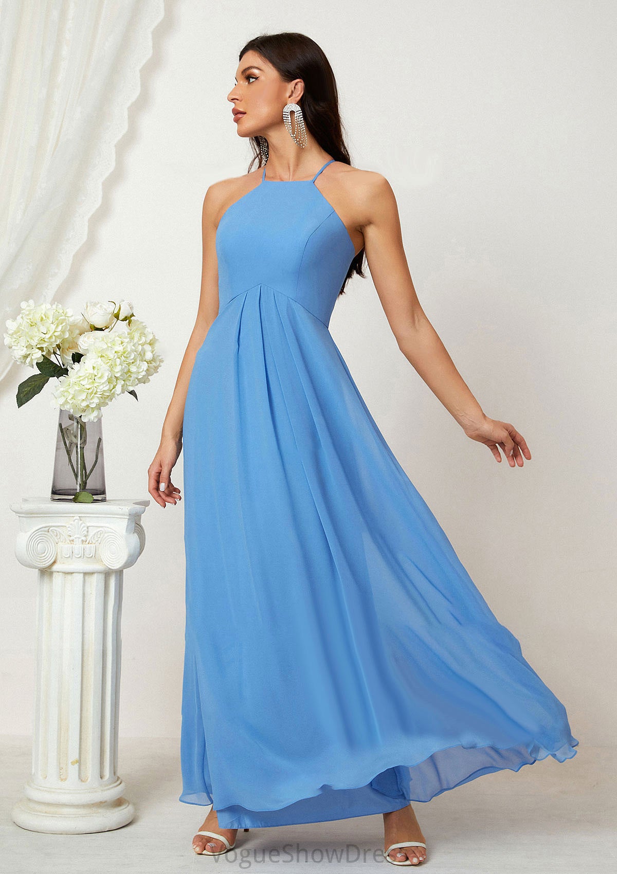 A-line Empire Halter Sleeveless Chiffon Long/Floor-Length Bridesmaid Dresses With Ruffles Mayra DLP0025611