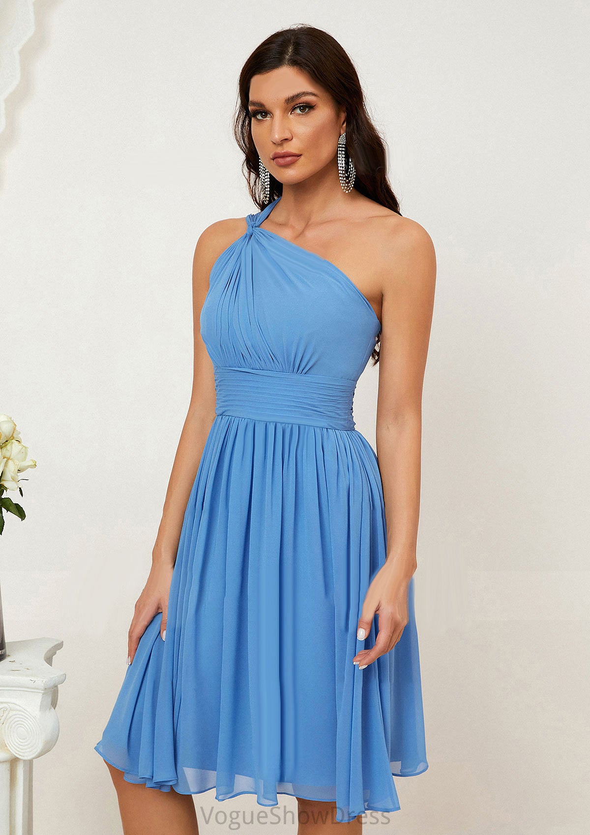 A-line One-Shoulder Sleeveless Chiffon Knee-Length Bridesmaid Dresses With Pleated Kassandra DLP0025612