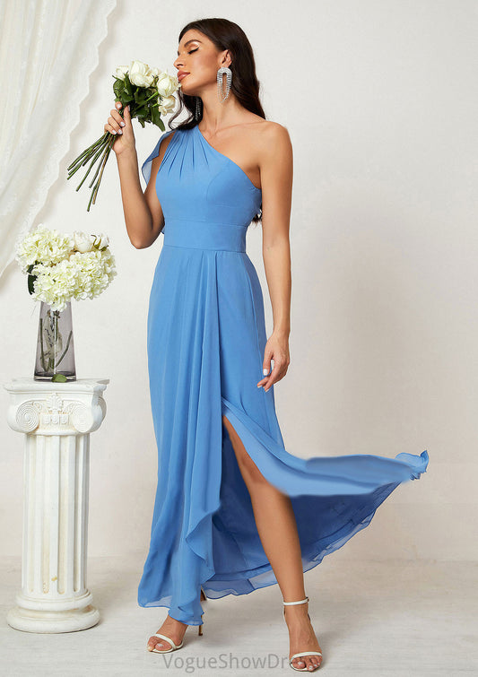 A-line One-Shoulder Sleeveless Chiffon Long/Floor-Length Bridesmaid Dresses With Pleated Split Destinee DLP0025613