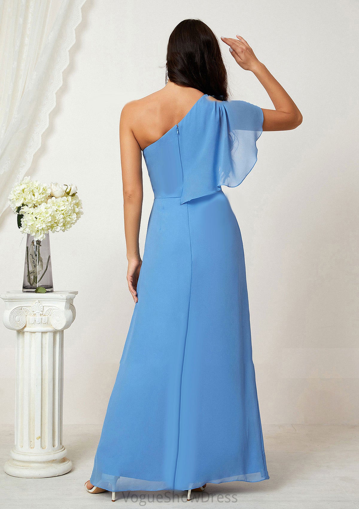 A-line One-Shoulder Sleeveless Chiffon Long/Floor-Length Bridesmaid Dresses With Pleated Split Destinee DLP0025613