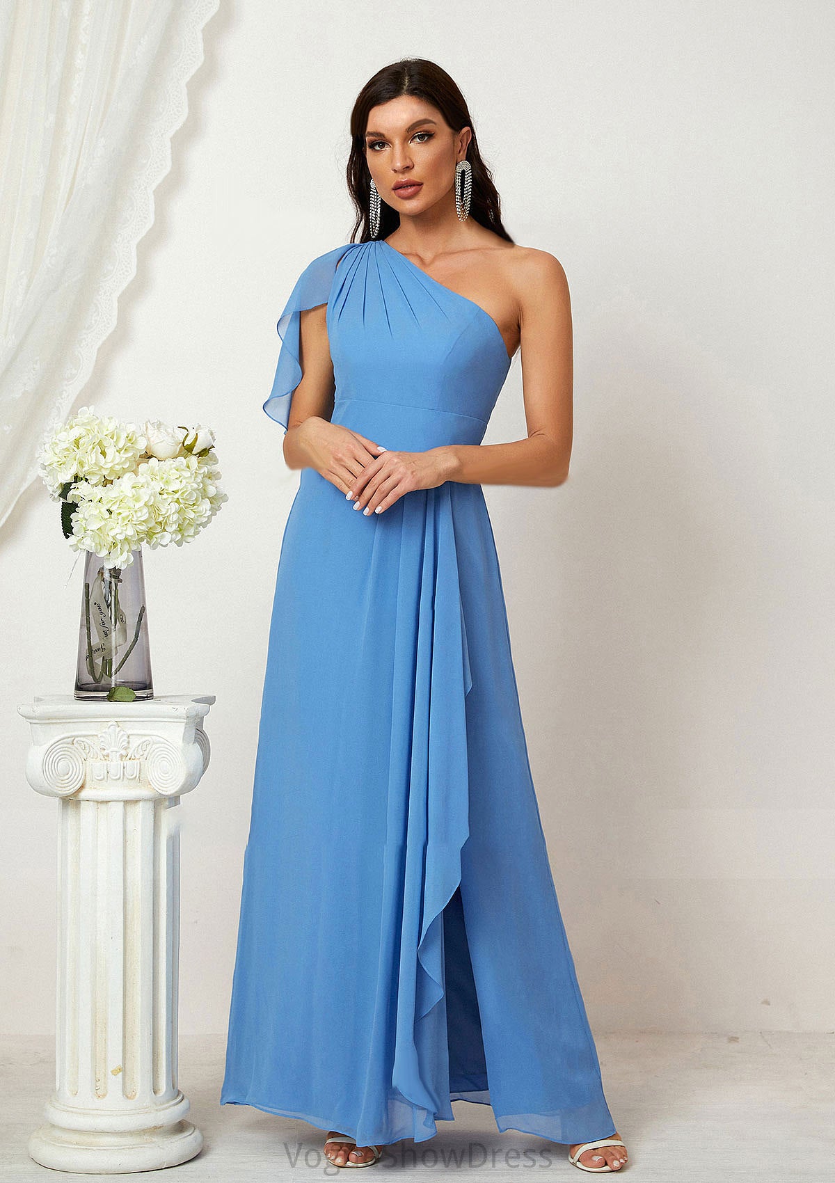 A-line One-Shoulder Sleeveless Chiffon Long/Floor-Length Bridesmaid Dresses With Pleated Split Destinee DLP0025613