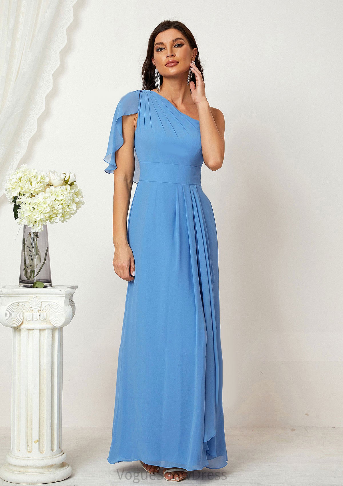 A-line One-Shoulder Sleeveless Chiffon Long/Floor-Length Bridesmaid Dresses With Pleated Split Destinee DLP0025613