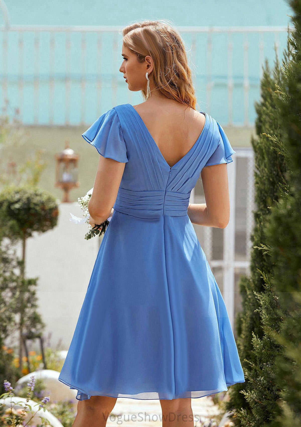 A-line V Neck Short Sleeve Chiffon Short/Mini Bridesmaid Dresses With Pleated Taniyah DLP0025614