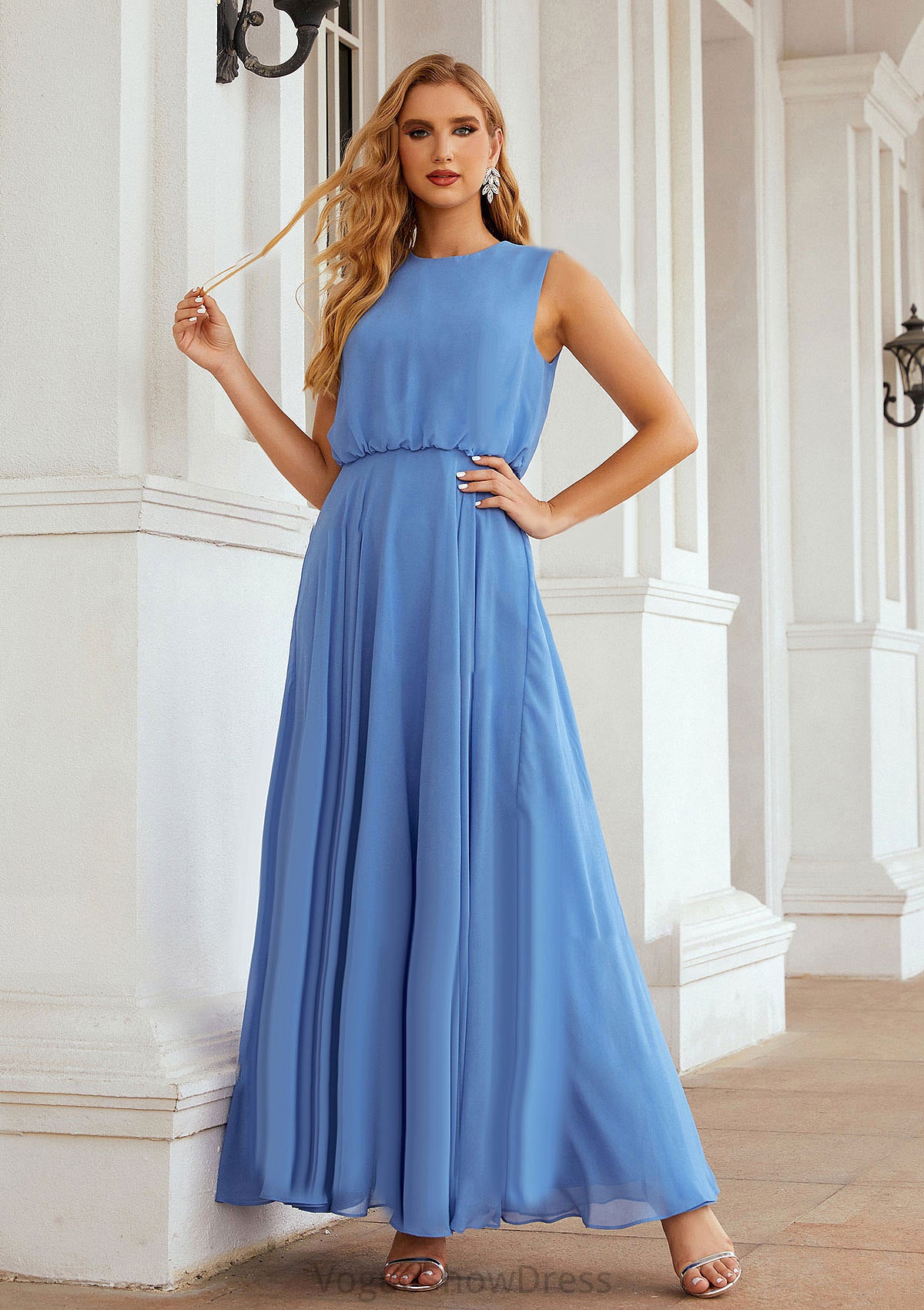 A-line Scoop Neck Sleeveless Chiffon Long/Floor-Length Bridesmaid Dresses Jaelyn DLP0025618