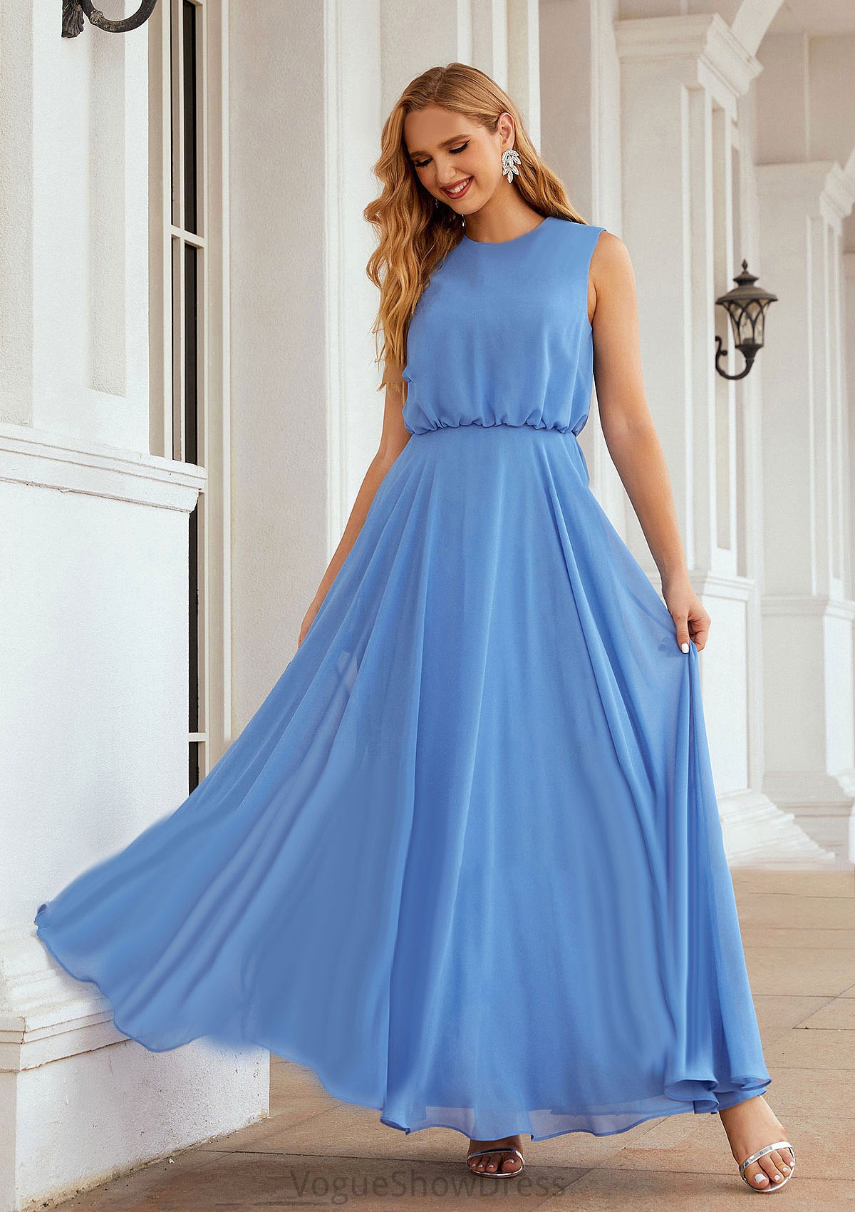 A-line Scoop Neck Sleeveless Chiffon Long/Floor-Length Bridesmaid Dresses Jaelyn DLP0025618