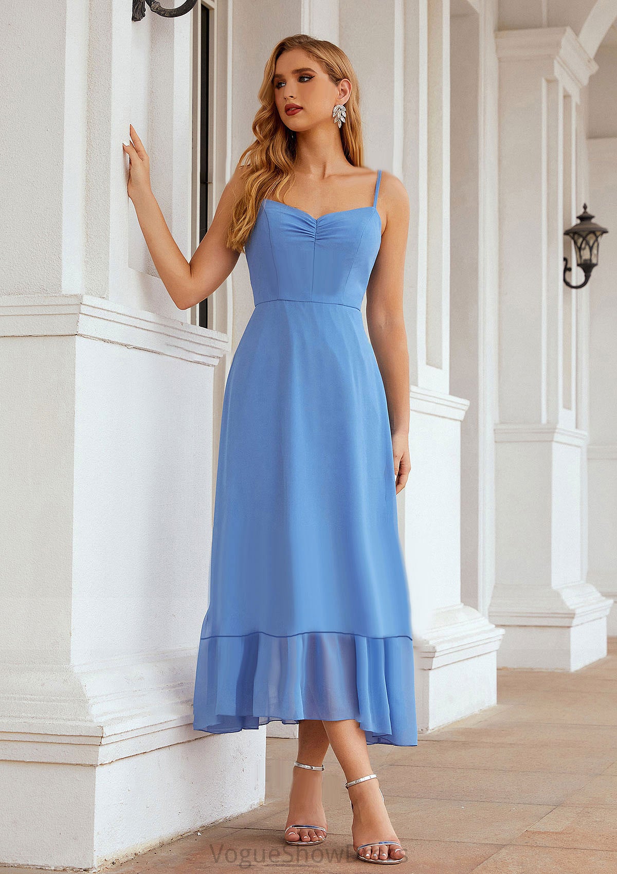 A-line Sweetheart Sleeveless Chiffon Tea-Length Bridesmaid Dresses With Pleated Caitlin DLP0025620