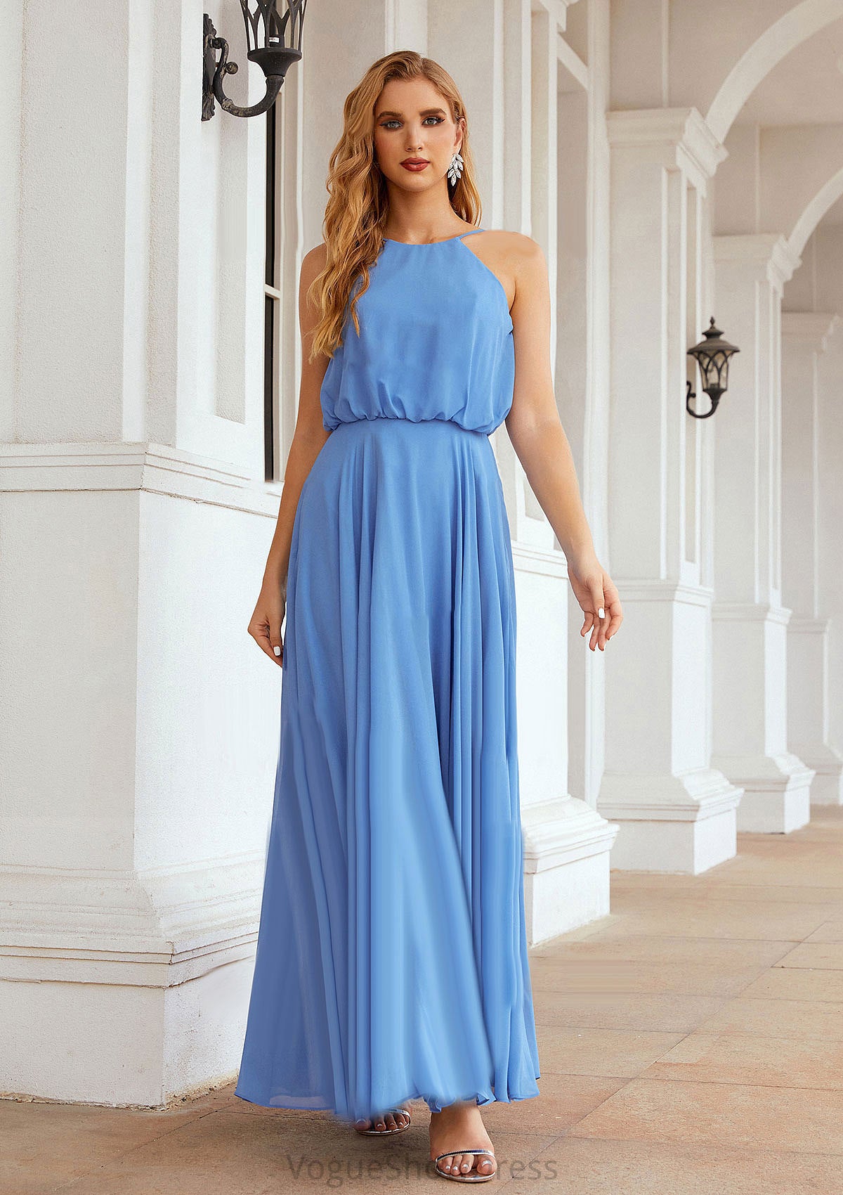 A-line Halter Sleeveless Chiffon Long/Floor-Length Bridesmaid Dresses With Pleated Kaley DLP0025621