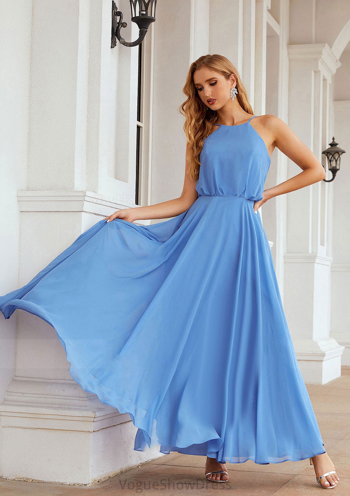 A-line Halter Sleeveless Chiffon Long/Floor-Length Bridesmaid Dresses With Pleated Kaley DLP0025621