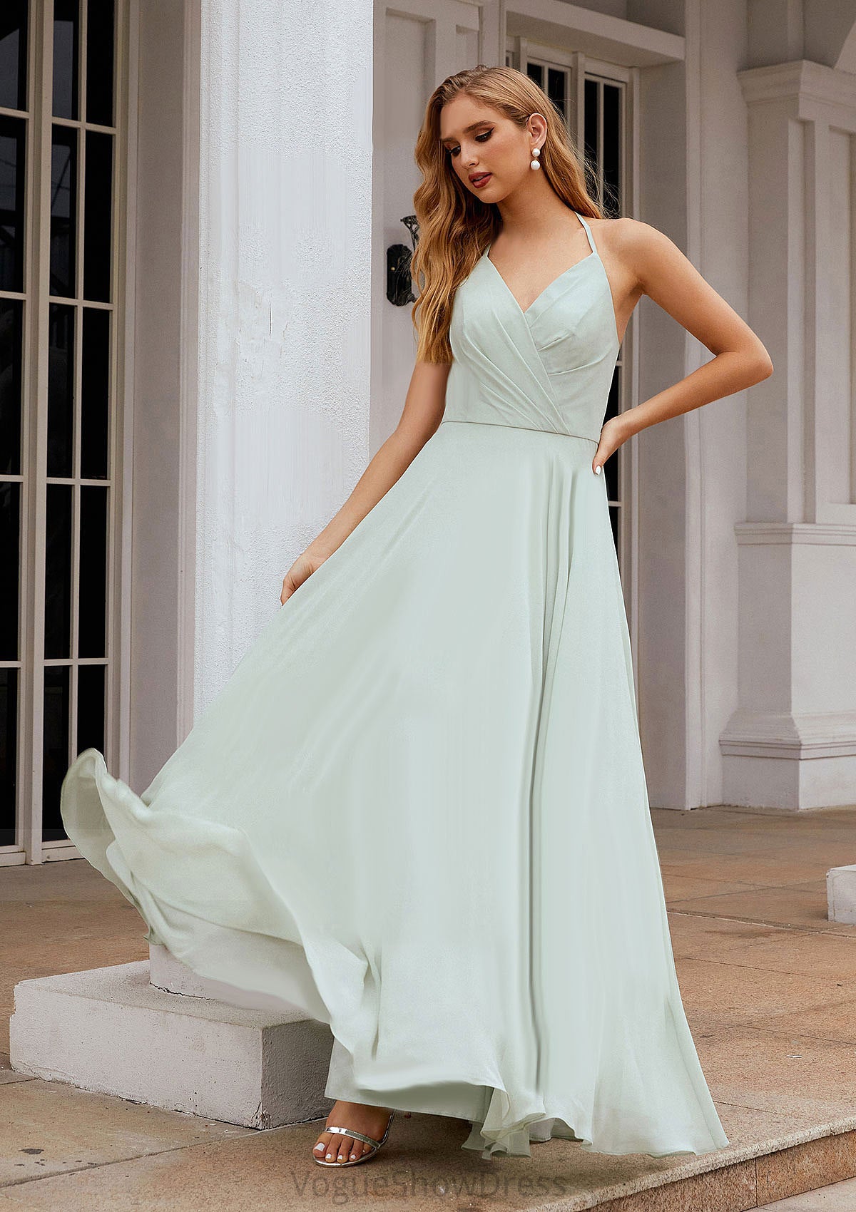 A-line Halter Sleeveless Chiffon Long/Floor-Length Bridesmaid Dresses With Pleated Ruffles Uerica DLP0025623