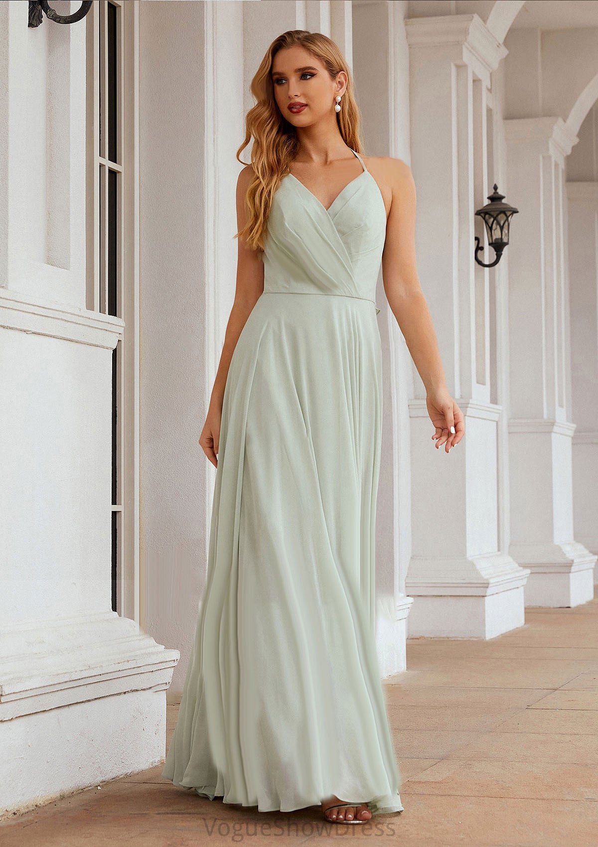 A-line Halter Sleeveless Chiffon Long/Floor-Length Bridesmaid Dresses With Pleated Ruffles Uerica DLP0025623