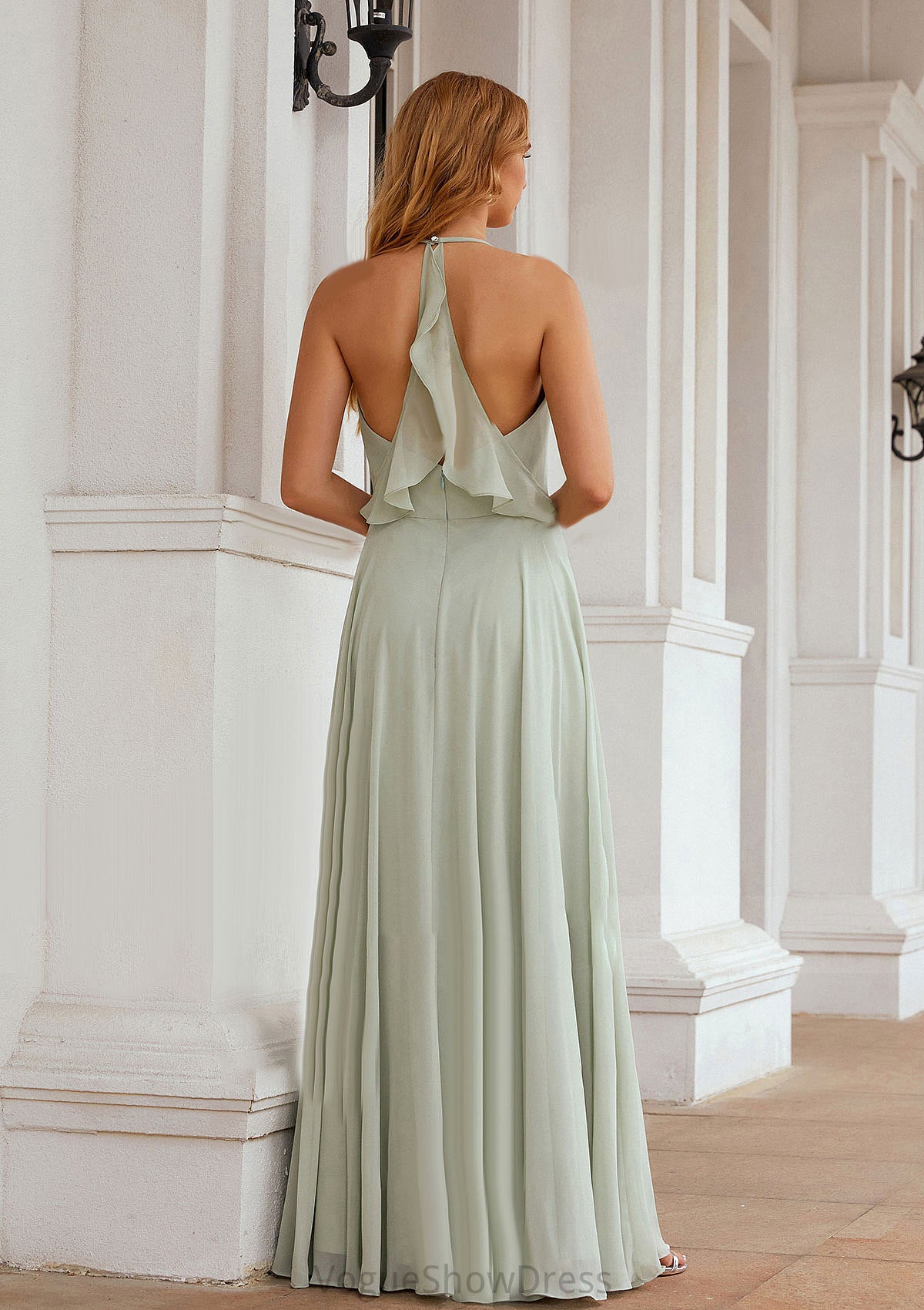 A-line Halter Sleeveless Chiffon Long/Floor-Length Bridesmaid Dresses With Pleated Ruffles Uerica DLP0025623