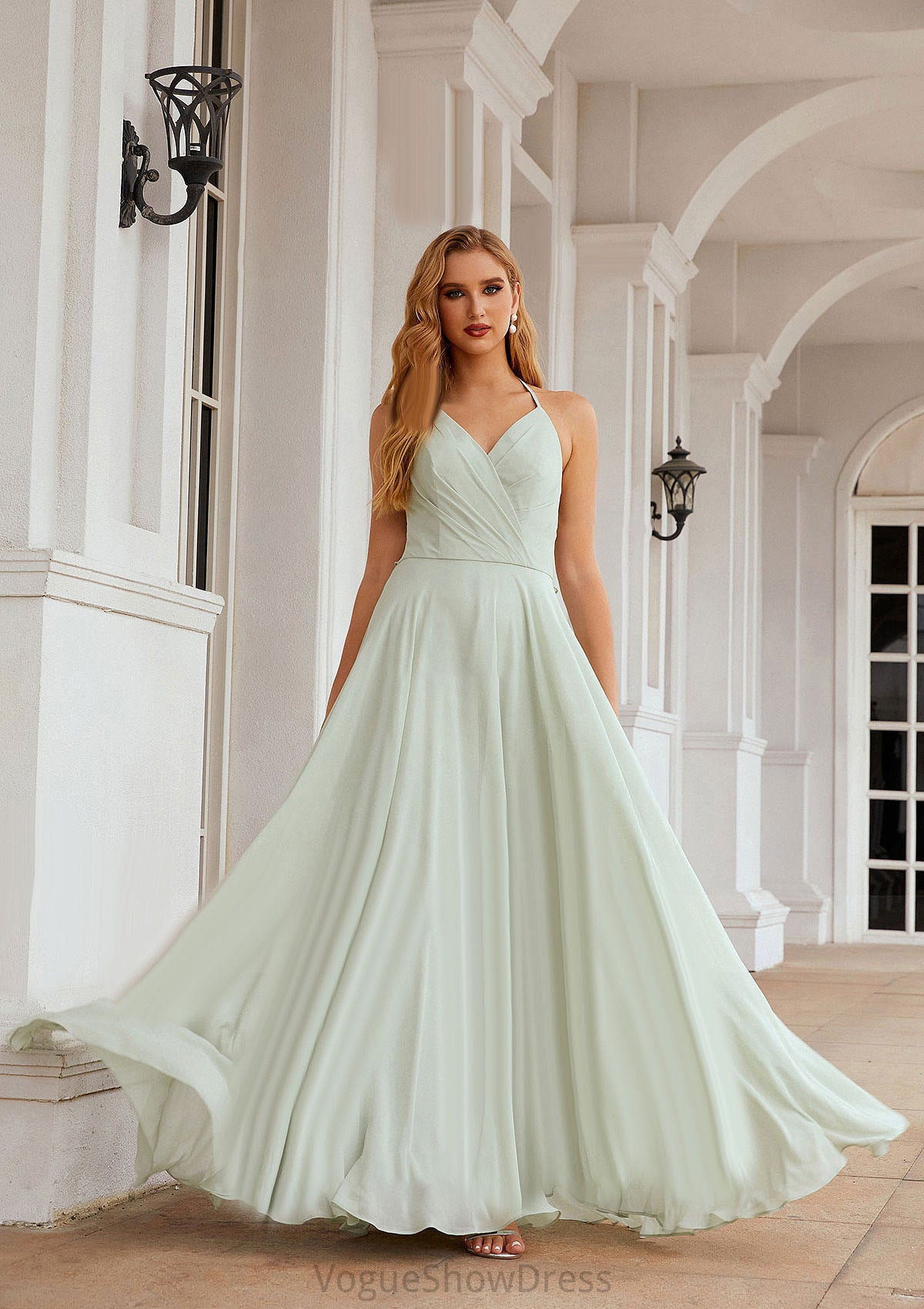 A-line Halter Sleeveless Chiffon Long/Floor-Length Bridesmaid Dresses With Pleated Ruffles Uerica DLP0025623