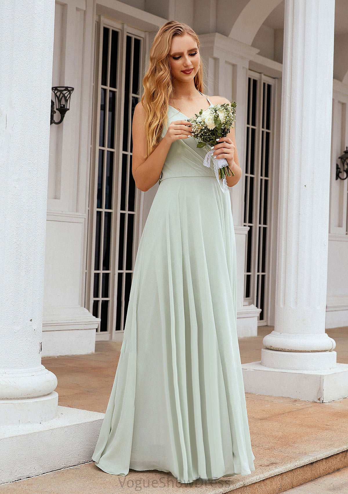 A-line Halter Sleeveless Chiffon Long/Floor-Length Bridesmaid Dresses With Pleated Ruffles Uerica DLP0025623