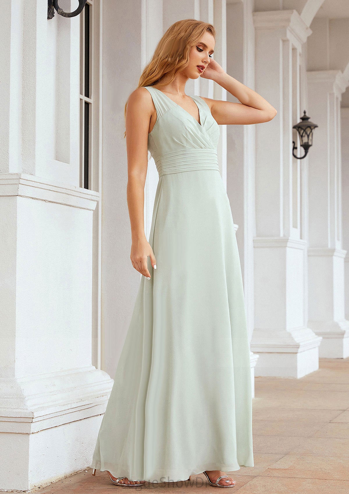 A-line V Neck Long/Floor-Length Chiffon Bridesmaid Dresses With Pleated Kaya DLP0025625