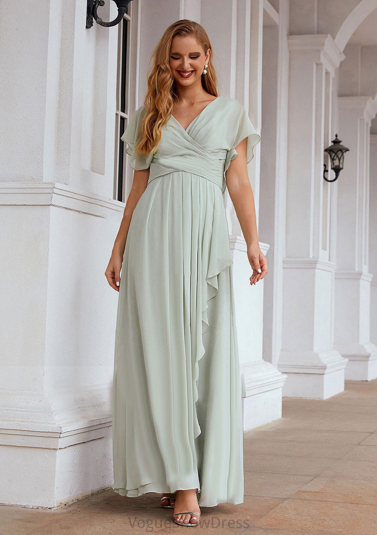 A-line V Neck Short Sleeve Chiffon Long/Floor-Length Bridesmaid Dresses With Pleated Ruffles Paloma DLP0025626