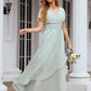 A-line V Neck Short Sleeve Chiffon Long/Floor-Length Bridesmaid Dresses With Pleated Ruffles Paloma DLP0025626