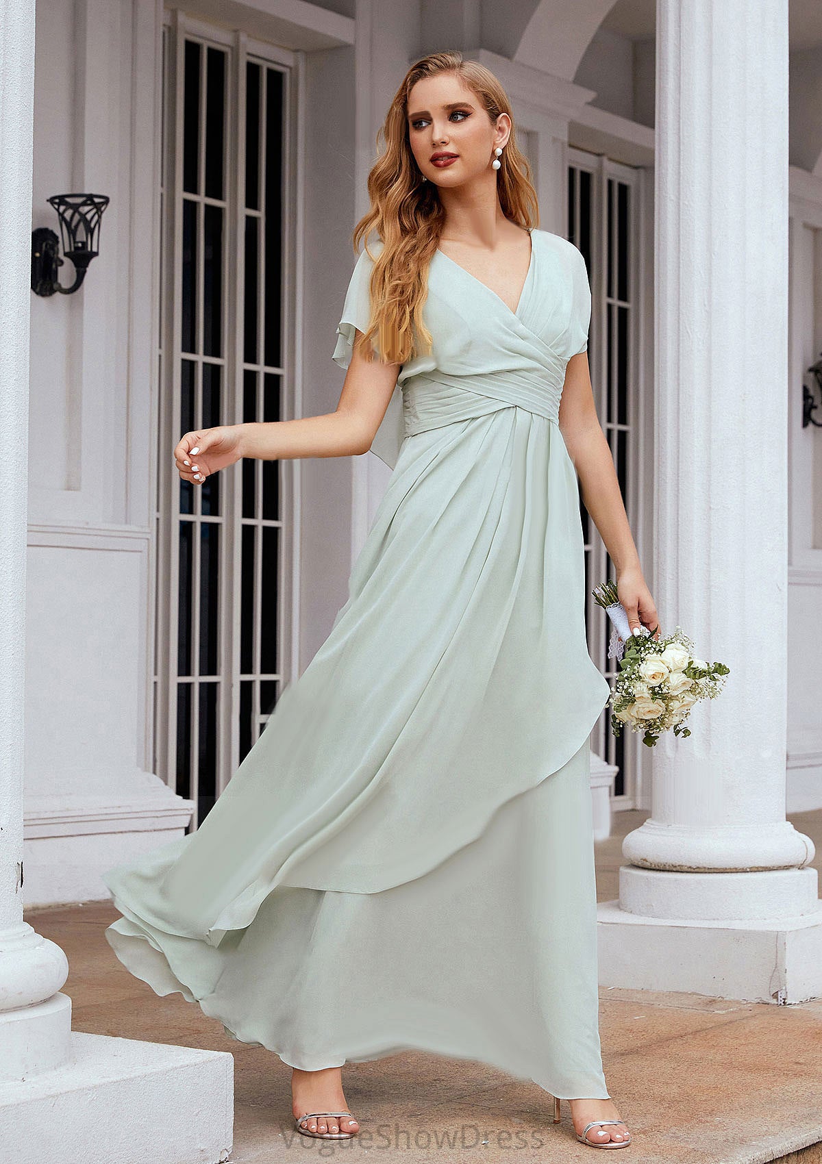 A-line V Neck Short Sleeve Chiffon Long/Floor-Length Bridesmaid Dresses With Pleated Ruffles Paloma DLP0025626