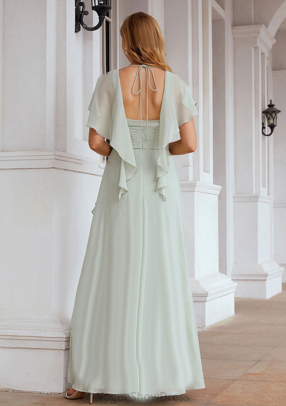 A-line V Neck Short Sleeve Chiffon Long/Floor-Length Bridesmaid Dresses With Pleated Ruffles Paloma DLP0025626