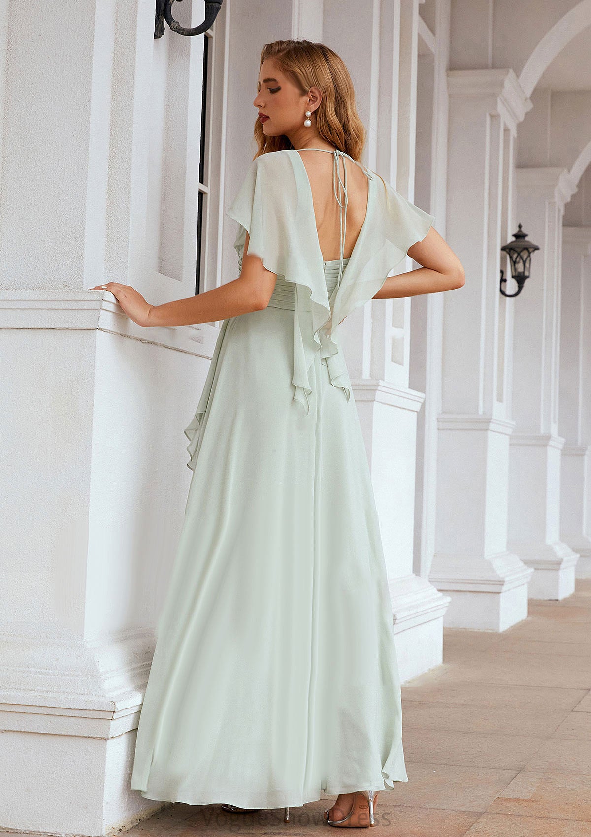 A-line V Neck Short Sleeve Chiffon Long/Floor-Length Bridesmaid Dresses With Pleated Ruffles Paloma DLP0025626