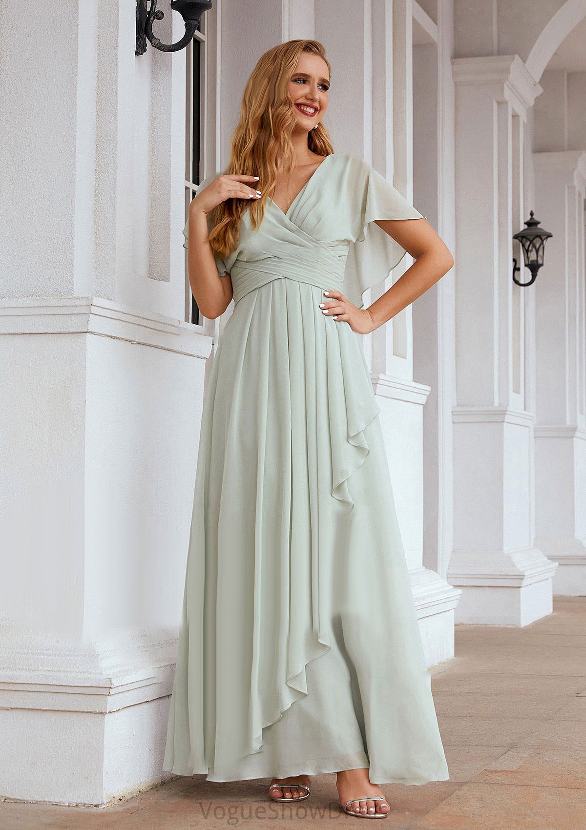 A-line V Neck Short Sleeve Chiffon Long/Floor-Length Bridesmaid Dresses With Pleated Ruffles Paloma DLP0025626