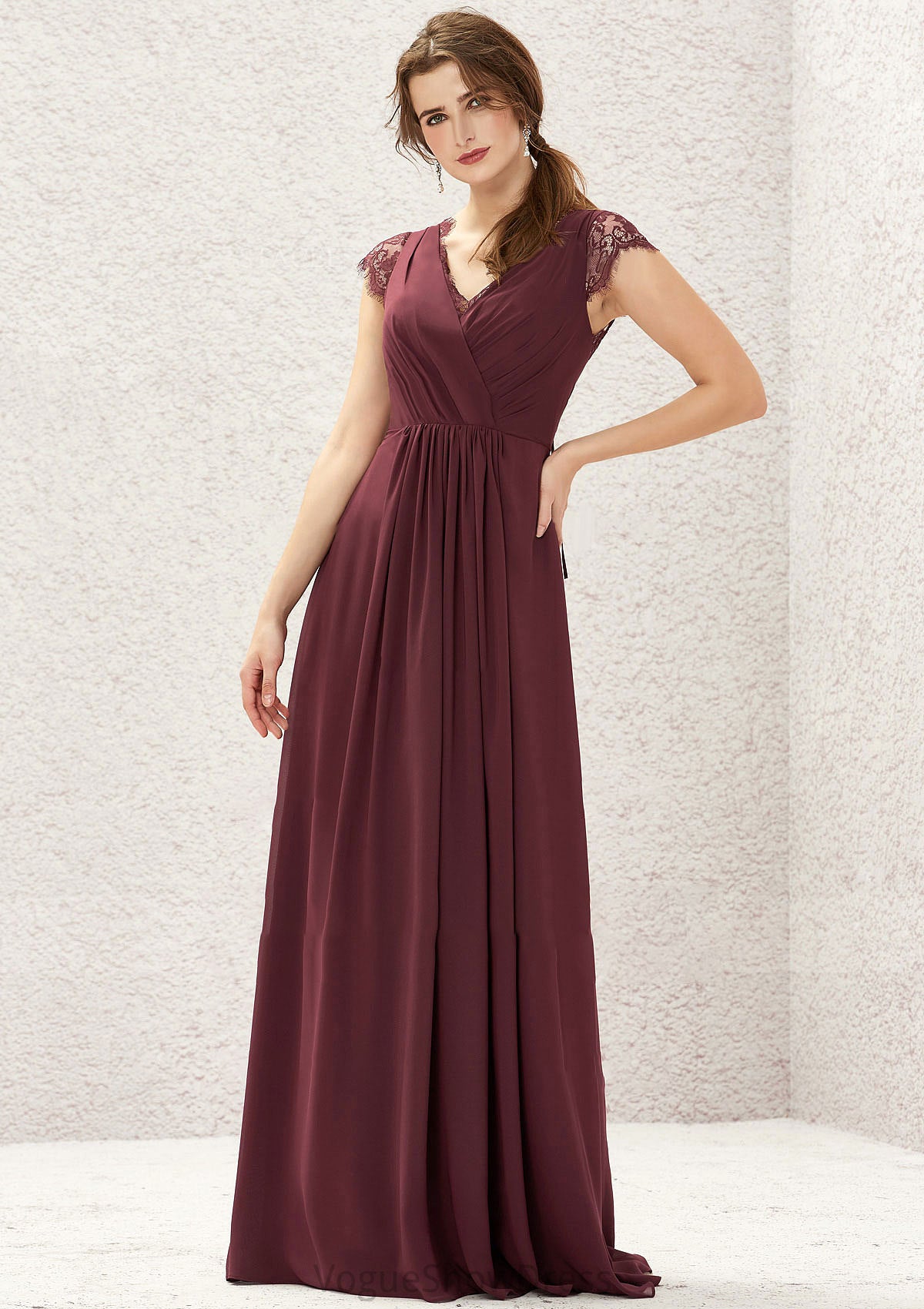 A-line V Neck Sleeveless Chiffon Long/Floor-Length Bridesmaid Dresses With Pleated Lace Heidy DLP0025627